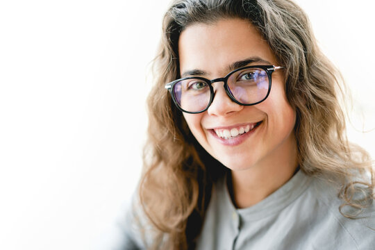 Portrait Of Young Confident Caucasian Businesswoman In Eyeglasses Looking At The Camera Smiling. Entrepreneurship For Better Quality Of Life, Isolated