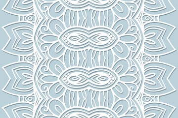 Geometric volumetric convex ethnic white 3D pattern. Embossed original blue background in handmade style. Cut paper effect, openwork lace texture. Oriental, Indonesian, Asian motives. 