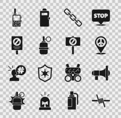 Set Barbed wire, Megaphone, Location peace, Chain link, Hand grenade, Protest, Walkie talkie and icon. Vector