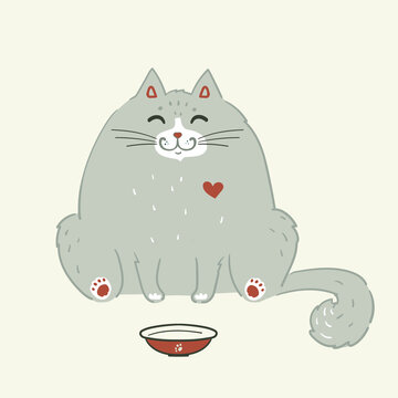 Fat fluffy cat with bowl, cat love, gray fur, funny illustration