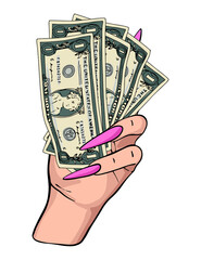 Nails and manicure illustration with woman hands holding money , beauty salon art  pink pointed stiletto nails