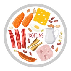 Round sign with protein food. Food macronutrients. High proteins food for healthy daily diet isolated on white. Bacon, egg, cream, fish, nuts, cheese, sausages. Nutrient complex diet flat vector.