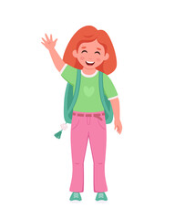 Girl with backpack going to the school. Girl smiling and waving hand. Elementary school student. Vector illustration