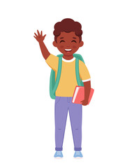 Black boy with backpack and book going to the school. Boy smiling and waving hand. Elementary school student. Vector illustration