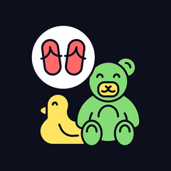 Toys made from flip flops RGB color icon for dark theme. Handmade toys. Reducing environmental threat. Isolated vector illustration on night mode background. Simple filled line drawing on black