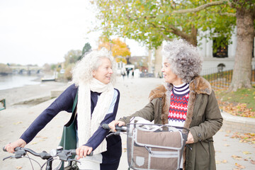 Fototapeta na wymiar Smiling active senior women walking bicycles in autumn park
