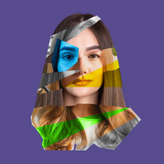 Contemporary art collage of beautiful female portrait made of different pieces of face. Concept of youth culture, beauty