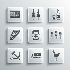 Set Tanker truck, Cockerel lollipop, Wheat, Joseph Stalin, Hammer and sickle USSR, Kankles, Made Russia and Bottle of vodka with glass icon. Vector