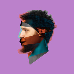 Contemporary art colllage of male head with different face pieces isolated over purple background. Concept of nations and gender equality