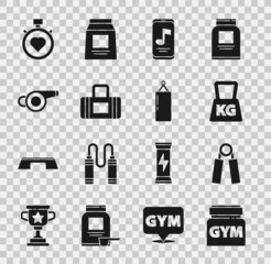 Set Sports nutrition, expander, Weight, Music player, bag, Whistle, Heart in the center stopwatch and Punching icon. Vector