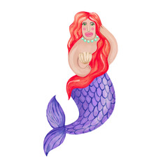 Obraz premium Beautiful mermaid with red hair on a white background. Hand-drawn watercolor illustration
