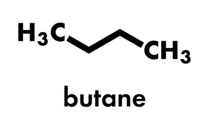 Butane hydrocarbon molecule. Commonly used as fuel gas, alone or combined with propane (LPG, liquified petroleum gas). Skeletal formula.