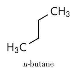 Butane hydrocarbon molecule. Commonly used as fuel gas, alone or combined with propane (LPG, liquified petroleum gas). Skeletal formula.