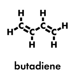 Butadiene (1,3-butadiene) synthetic rubber building block molecule. Used in synthesis of polybutadiene, ABS and other polymeric materials. Skeletal formula.