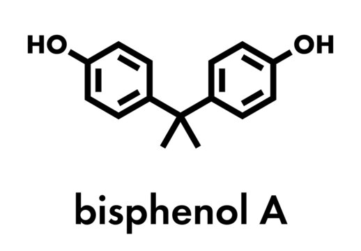 Bisphenol A (BPA) plastic pollutant molecule. Chemical often present in polycarbonate plastics, has estrogen disrupting effects. Skeletal formula.