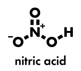 Nitric acid (HNO3) strong mineral acid molecule. Used in production of fertilizer and explosives. Skeletal formula.
