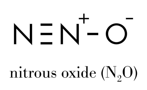 Nitrous oxide (NOS, laughing gas, N2O) molecule. Used in surgery as analgesic and anesthetic drug, and also as oxidizer in rocket motors and combustion engines. Skeletal formula.