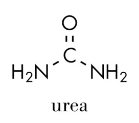 Urea (carbamide) molecule. Used in cosmetics, fertilizer; present in urine. Skeletal formula.