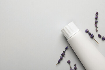 Blank tube of toothpaste with lavender flowers on white background, flat lay. Space for text © New Africa