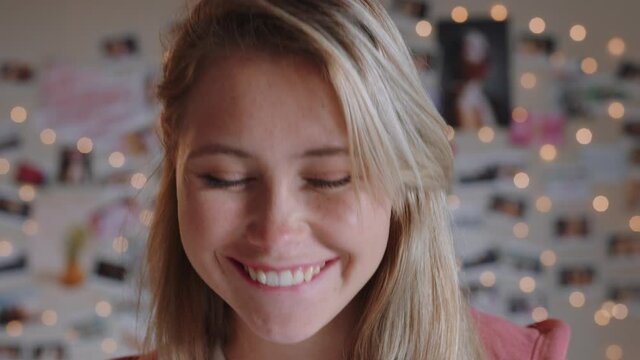 portrait beautiful teenage girl laughing happy looking confident teenager at home teen self image concept 4k footage