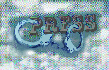 Typography reading "press" in handcuffs floating in a cloud. A halftone screen has bee applied to parts of the image. Surreal