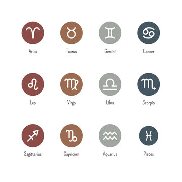 Vector isolated zodiac icons set with titles. Collection of twelve round colored pictograms of horoscope signs on a white background. Design of astrological symbols