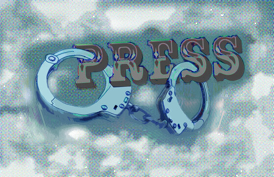 Typography reading "press" in handcuffs floating in a cloud. A halftone screen has bee applied to parts of the image. Surreal