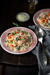 ptitim pasta with shrimp, dried tomatoes, spinach