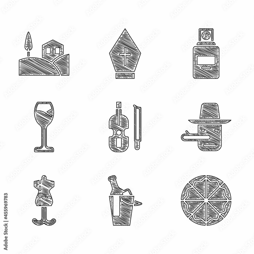 Poster Set Violin, Bottle of wine bucket, Pizza, Pinocchio, Mannequin, Wine glass, Perfume and Village landscape icon. Vector