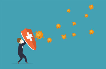 Immune system vector icon logo. Protection against bacteria health viruses. Medical prevention of human germs. A healthy mans and womans stand behind a shield and repel an attack of bacteria