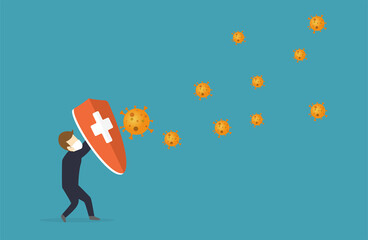 Immune system vector icon logo. Protection against bacteria health viruses. Medical prevention of human germs. A healthy mans and womans stand behind a shield and repel an attack of bacteria