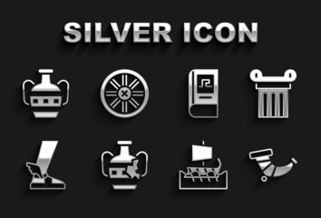 Set Broken amphorae, Ancient column, Hunting horn, Greek trireme, Hermes sandal, history book, and Old wooden wheel icon. Vector
