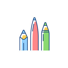 Pens and pencils RGB color icon. School supplies. Writing instrument. Object with ink. Use for drawing and sketching. Handwriting activities. Isolated vector illustration. Simple filled line drawing