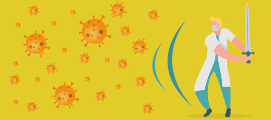 Obraz premium Immune system vector icon logo. Protection against bacteria health viruses. Medical prevention of human germs. A healthy mans and womans stand behind a shield and repel an attack of bacteria