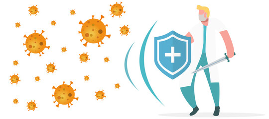 Immune system vector icon logo. Protection against bacteria health viruses. Medical prevention of human germs. A healthy mans and womans stand behind a shield and repel an attack of bacteria