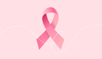 Vector Illustration of Pink Breast Cancer Realistic Ribbon with Loop and White Line on Pink Color Background. Symbol of Breast Cancer Awareness - obrazy, fototapety, plakaty