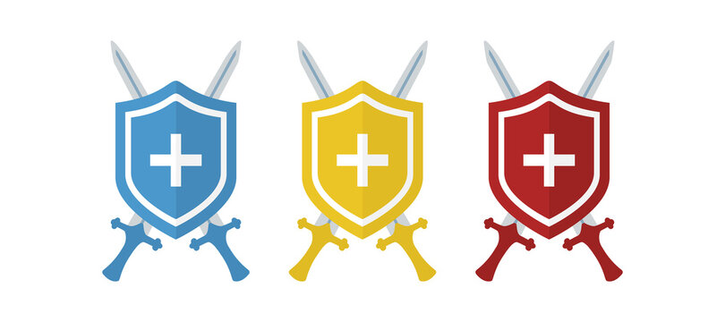 Immune system vector icon logo. Protection against bacteria health viruses. Medical prevention of human germs. Blue shield with a white cross and a virus on a white background. Vector illustration