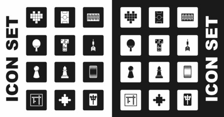 Set Board game, Domino, Racket, Pixel hearts for, Dart arrow, Hockey table, Backgammon board and Chip icon. Vector