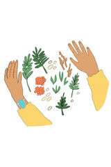 Pair of hands placed around herbs and plants