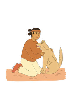 Young Man Kneeling Down And Petting Dog