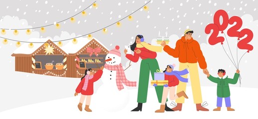 Flat vector illustration with a happy people in front of the Christmas market. Concept of Christmas and New Year celebrations web banner, greeting card or flyer.