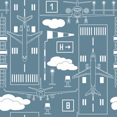 seamless pattern with passenger airplanes on the runway strip on gray background