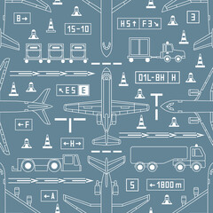 seamless aviation pattern with airplanes and airport vehicles on gray background