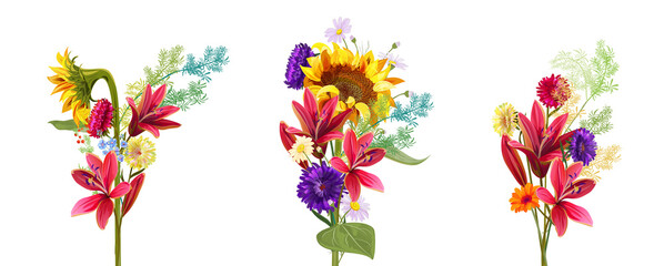 Bright autumn flowers, set of bouquets: lily, sunflower, aster, thistle, gerbera, daisy, small green twigs on white background. Digital draw, illustration in watercolor style for fall holidays, vector
