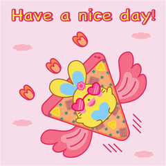 Have a nice day! Smiley bunny wearing sunglasses sit on Wing Hawaiian Pizza, flying on the sky. Have fun floating in the air.