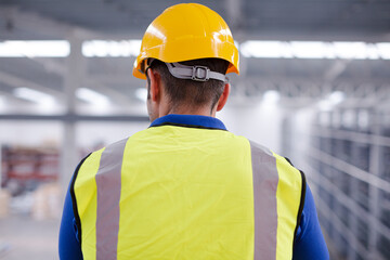 Portrait serious male worker in hard-hat in factory