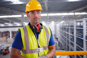 Portrait serious male worker in protective eyewear and hard-hat in factory