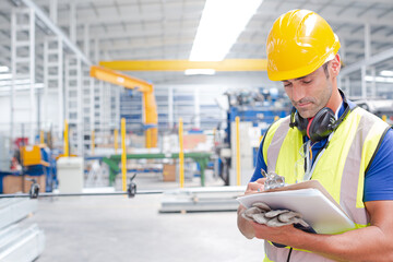 Portrait confident worker with clipboard in steel factory