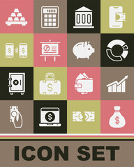 Set Money bag, Financial growth increase, Pie chart infographic, Bank building, Chalkboard with diagram, payment transfer, Gold bars and Piggy bank icon. Vector