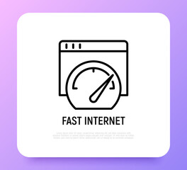 Fast internet thin line icon, speedometer on web page. Modern vector illustration.